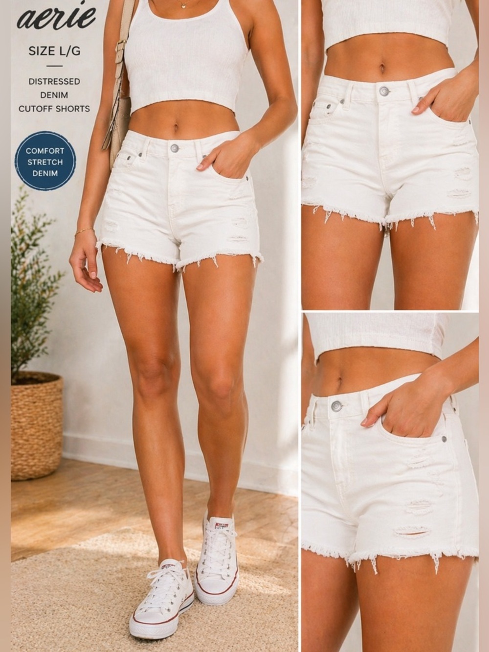 Aerie Distressed Denim Cutoff Shorts Size Large Raw Hem Mid Rise Stretch